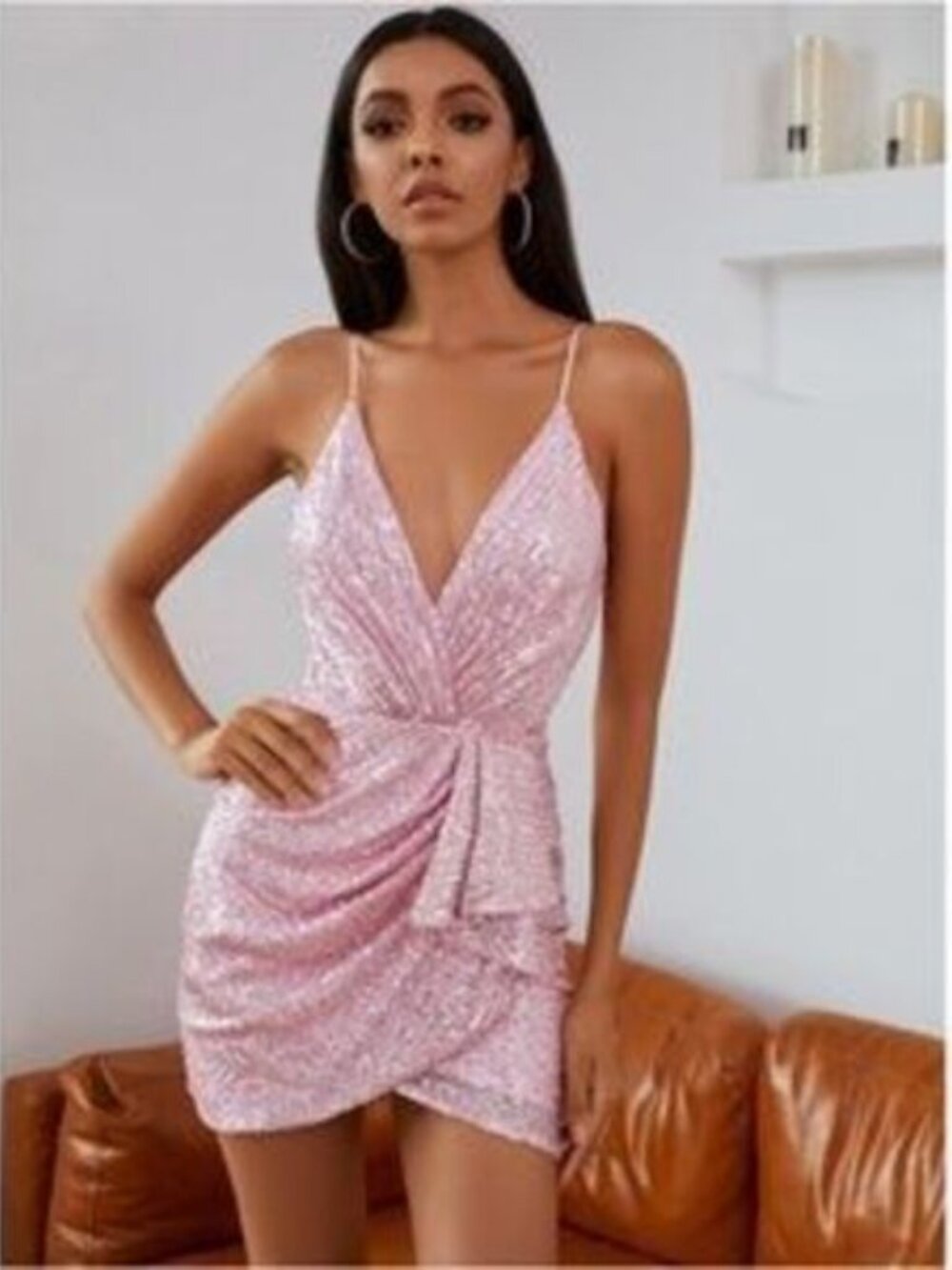 Deep V Pink Sequin Draped Mini Dress